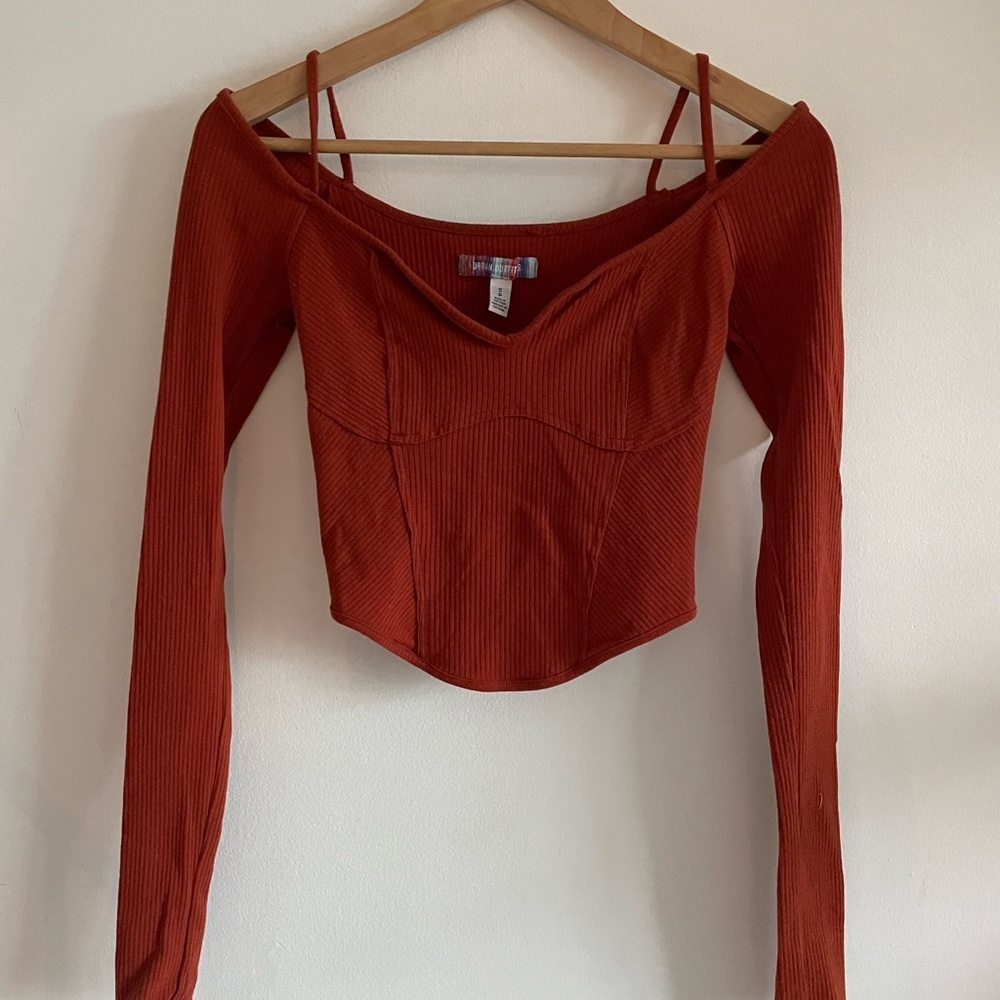 Urban Outfitters Fairy Corset Off-Shoulder Ribbed Earthy Long-Sleeve Crop Top S